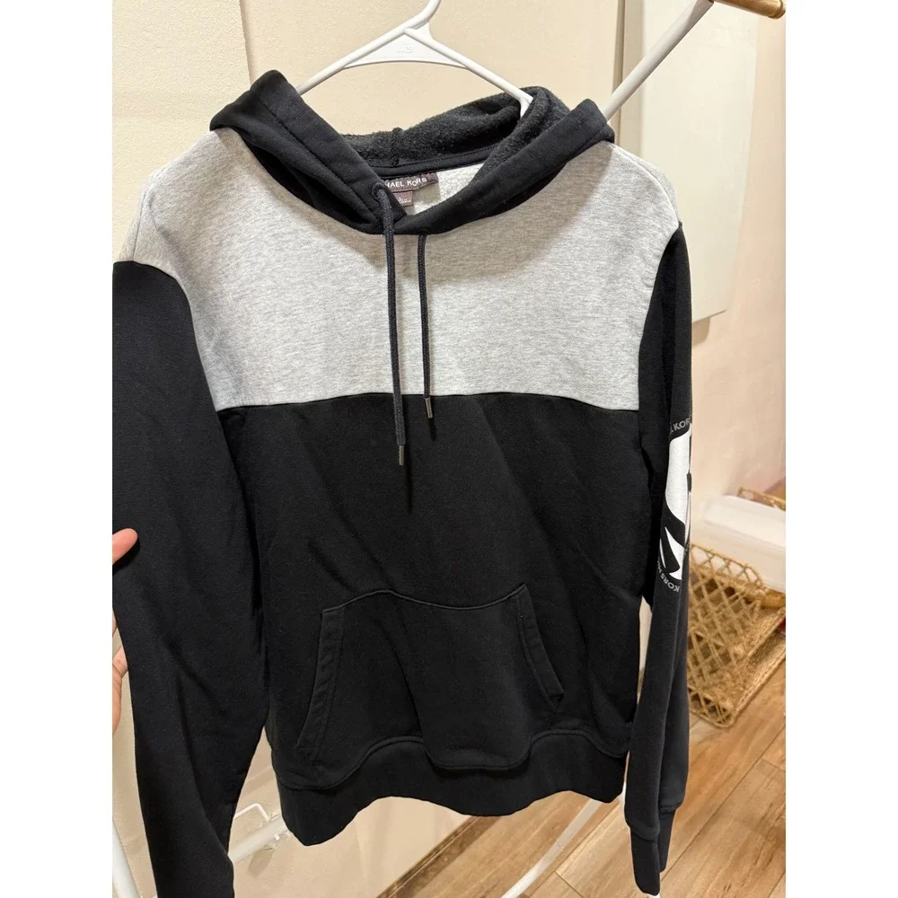Michael Kors Womens Colorblock Hoodie Black Gray MK Logo Sleeve Sweatshirt L